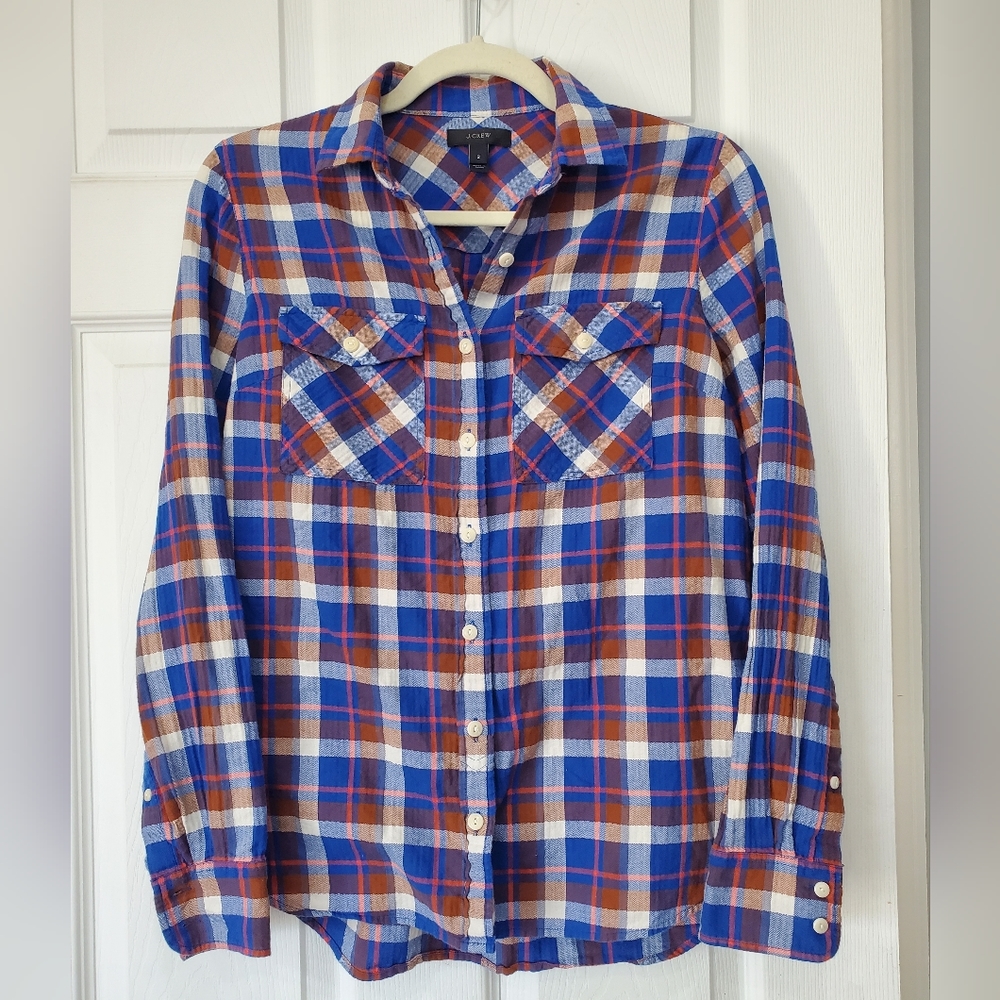 J. Crew Blue Plaid Long Sleeve Boyfriend Button Up Shirt Size 2
